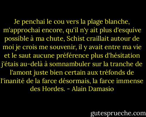 Je penchai le cou vers la plage blanche, m'approchai encore, qu'il n'y ait plus d'esquive possible à ma chute, Schist craillait autour de moi je crois me souvenir, il y avait entre ma vie et le saut aucune préférence plus d'hésitation j'étais au-delà à somnambuler sur la tranche de l'amont juste bien certain aux tréfonds de l'inanité de la farce désormais, la farce immense des Hordes. - Alain Damasio