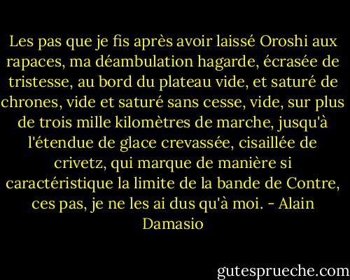 Les pas que je fis après avoir laissé Oroshi aux rapaces, ma déambulation hagarde, écrasée de tristesse, au bord du plateau vide, et saturé de chrones, vide et saturé sans cesse, vide, sur plus de trois mille kilomètres de marche, jusqu'à l'étendue de glace crevassée, cisaillée de crivetz, qui marque de manière si caractéristique la limite de la bande de Contre, ces pas, je ne les ai dus qu'à moi. - Alain Damasio
