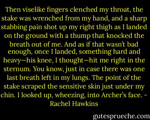 Then viselike fingers clenched my throat, the stake was wrenched from my hand, and a sharp stabbing pain shot up my right thigh as I landed on the ground with a thump that knocked the breath out of me.<br />And as if that wasn’t bad enough, once I landed, something hard and heavy—his knee, I thought—hit me right in the sternum. You know, just in case there was one last breath left in my lungs. The point of the stake scraped the sensitive skin just under my chin. I looked up, wheezing, into Archer’s face. - Rachel Hawkins