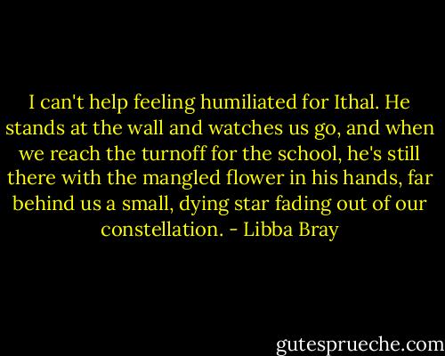 I can't help feeling humiliated for Ithal. He stands at the wall and watches us go, and when we reach the turnoff for the school, he's still there with the mangled flower in his hands, far behind us a small, dying star fading out of our constellation. - Libba Bray