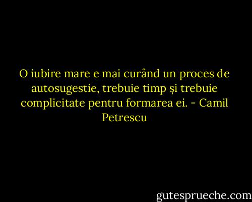 O iubire mare e mai curând un proces de autosugestie, trebuie timp și trebuie complicitate pentru formarea ei. - Camil Petrescu