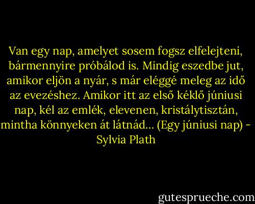 Van egy nap, amelyet sosem fogsz elfelejteni, bármennyire próbálod is. Mindig eszedbe jut, amikor eljön a nyár, s már eléggé meleg az idő az evezéshez. Amikor itt az első kéklő júniusi nap, kél az emlék, elevenen, kristálytisztán, mintha könnyeken át látnád…<br />(Egy júniusi nap) - Sylvia Plath