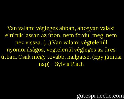 Van valami végleges abban, ahogyan valaki eltűnik lassan az úton, nem fordul meg, nem néz vissza. (…) Van valami végtelenül nyomorúságos, végtelenül végleges az üres útban. Csak mégy tovább, hallgatsz.<br />(Egy júniusi nap) - Sylvia Plath