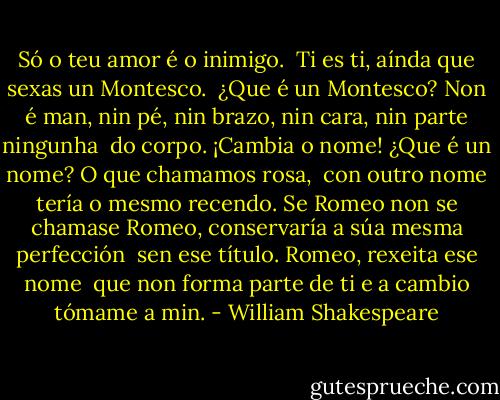 Só o teu amor é o inimigo. <br />Ti es ti, aínda que sexas un Montesco. <br />¿Que é un Montesco? Non é man, nin pé, nin brazo, nin cara, nin parte ningunha <br />do corpo. ¡Cambia o nome!<br />¿Que é un nome? O que chamamos rosa, <br />con outro nome tería o mesmo recendo.<br />Se Romeo non se chamase Romeo,<br />conservaría a súa mesma perfección <br />sen ese título. Romeo, rexeita ese nome <br />que non forma parte de ti<br />e a cambio tómame a min. - William Shakespeare