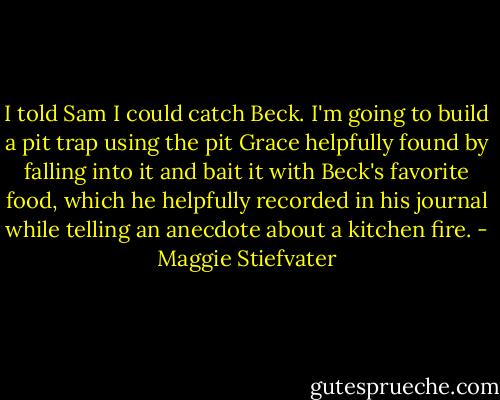 I told Sam I could catch Beck. I'm going to build a pit trap using the pit Grace helpfully found by falling into it and bait it with Beck's favorite food, which he helpfully recorded in his journal while telling an anecdote about a kitchen fire. - Maggie Stiefvater