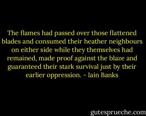 The flames had passed over those flattened blades and consumed their heather neighbours on either side while they themselves had remained, made proof against the blaze and guaranteed their stark survival just by their earlier oppression. - Iain Banks