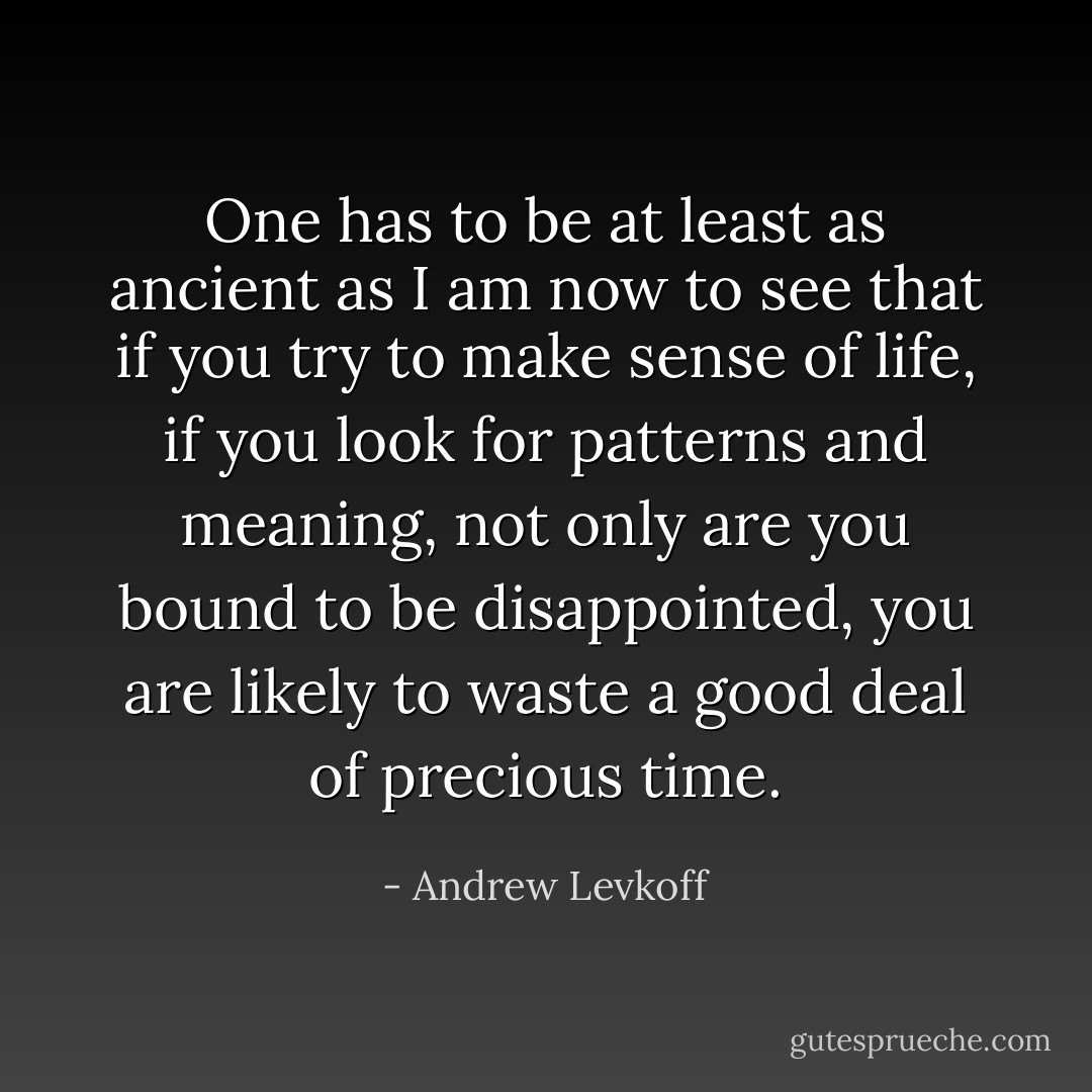 One has to be at least as ancient as I am now to see that if you try to make sense of life, if you look for patterns and meaning, not only are you bound to be disappointed, you are likely to waste a good deal of precious time. - Andrew Levkoff