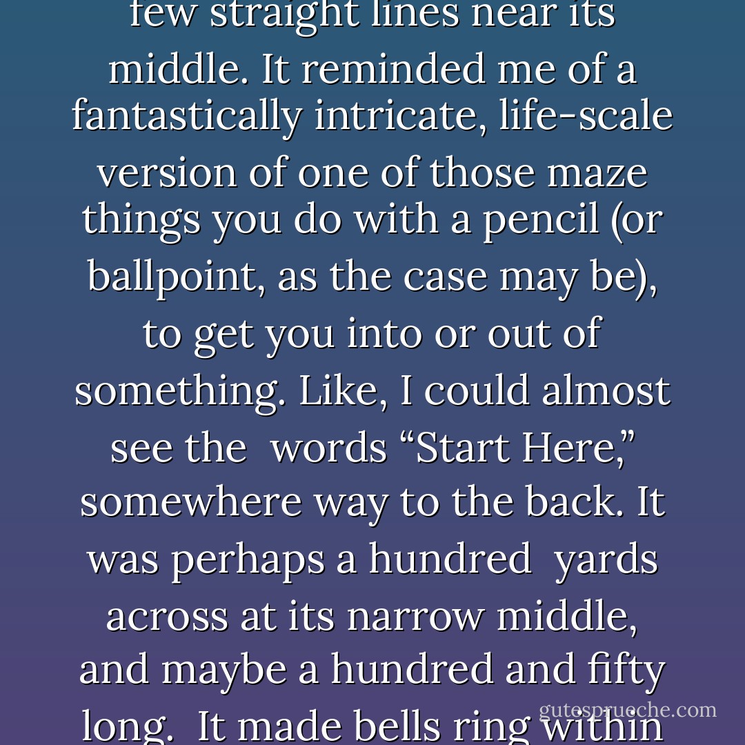 In a room the size of a ballroom the Pattern was laid. The floor was black and looked smooth as glass. And on the floor was the Pattern.<br /> It shimmered like the cold fire that it was, quivered, made the whole <br />room seem somehow unsubstantial. It was an elaborate tracery of bright power, composed mainly of curves, though there were a few straight lines near its middle. It reminded me of a fantastically intricate, life-scale version of one of those maze things you do with a pencil (or ballpoint, as the case may be), to get you into or out of something. Like, I could almost see the <br />words “Start Here,” somewhere way to the back. It was perhaps a hundred <br />yards across at its narrow middle, and maybe a hundred and fifty long.<br /> It made bells ring within my head, and then came the throbbing. My mind recoiled from the touch of it. But if I were a prince of Amber, then somewhere within my blood, my nervous system, my genes, this pattern was recorded somehow, so that I would respond properly, so that I could walk the <br />bloody thing. - Roger Zelazny