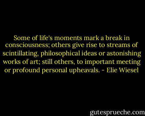 Some of life's moments mark a break in consciousness; others give rise to streams of scintillating, philosophical ideas or astonishing works of art; still others, to important meeting or profound personal upheavals. - Elie Wiesel