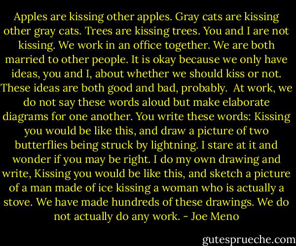 Apples are kissing other apples. Gray cats are kissing other gray cats. Trees are kissing trees. You and I are not kissing. We work in an office together. We are both married to other people. It is okay because we only have ideas, you and I, about whether we should kiss or not. These ideas are both good and bad, probably. <br />At work, we do not say these words aloud but make elaborate diagrams for one another. You write these words: Kissing you would be like this, and draw a picture of two butterflies being struck by lightning. I stare at it and wonder if you may be right. I do my own drawing and write, Kissing you would be like this, and sketch a picture of a man made of ice kissing a woman who is actually a stove. We have made hundreds of these drawings. We do not actually do any work. - Joe Meno