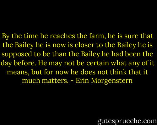 By the time he reaches the farm, he is sure that the Bailey he is now is closer to the Bailey he is supposed to be than the Bailey he had been the day before. He may not be certain what any of it means, but for now he does not think that it much matters. - Erin Morgenstern