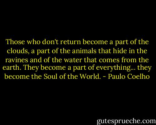 Those who don't return become a part of the clouds, a part of the animals that hide in the ravines and of the water that comes from the earth. They become a part of everything... they become the Soul of the World. - Paulo Coelho