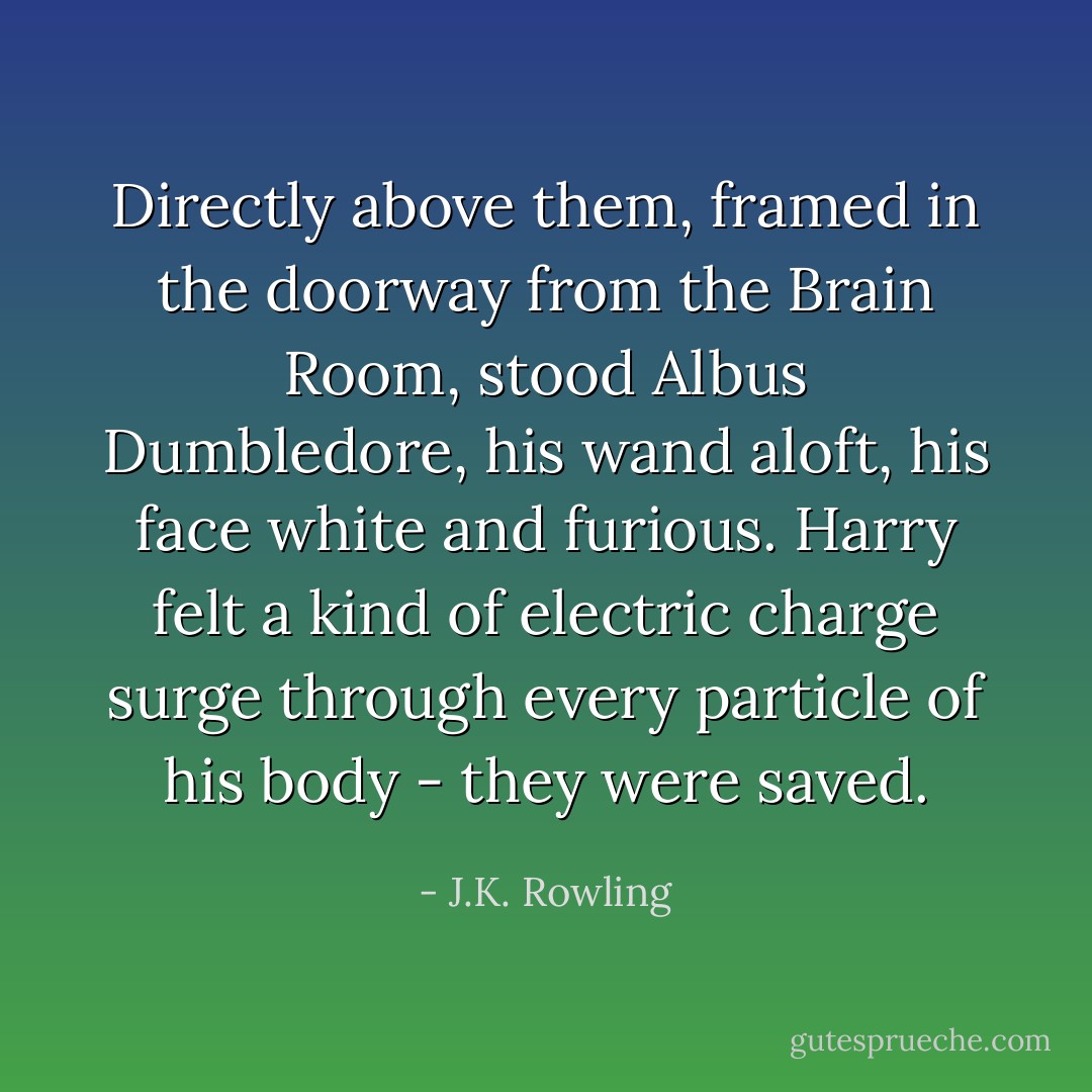 Directly above them, framed in the doorway from the Brain Room, stood Albus Dumbledore, his wand aloft, his face white and furious. Harry felt a kind of electric charge surge through every particle of his body - they were saved. - J.K. Rowling