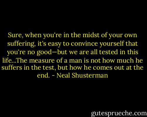 Sure, when you're in the midst of your own suffering, it's easy to convince yourself that you're no good—but we are all tested in this life...The measure of a man is not how much he suffers in the test, but how he comes out at the end. - Neal Shusterman