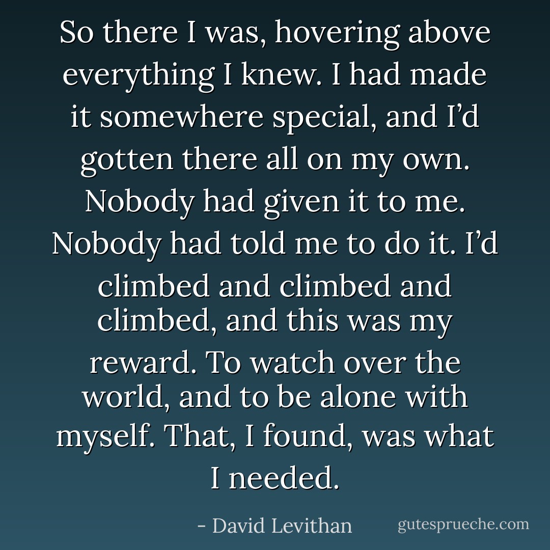 So there I was, hovering above everything I knew. I had made it somewhere special, and I’d gotten there all on my own. Nobody had given it to me. Nobody had told me to do it. I’d climbed and climbed and climbed, and this was my reward. To watch over the world, and to be alone with myself. That, I found, was what I needed. - David Levithan