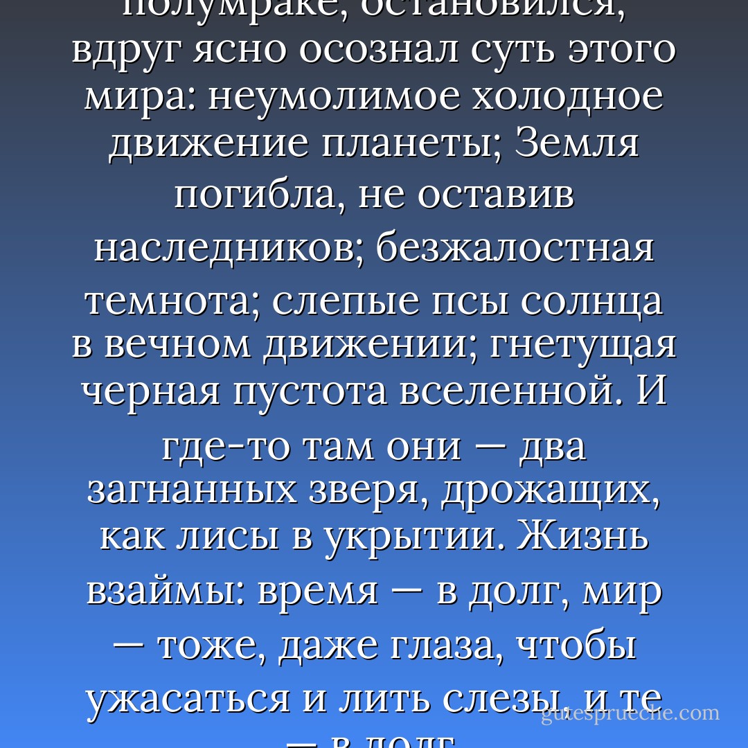 Вышел из развалин в сером полумраке, остановился, вдруг ясно осознал суть этого мира: неумолимое холодное движение планеты; Земля погибла, не оставив наследников; безжалостная темнота; слепые псы солнца в вечном движении; гнетущая черная пустота вселенной. И где-то там они — два загнанных зверя, дрожащих, как лисы в укрытии. Жизнь взаймы: время — в долг, мир — тоже, даже глаза, чтобы ужасаться и лить слезы, и те — в долг. - Cormac McCarthy