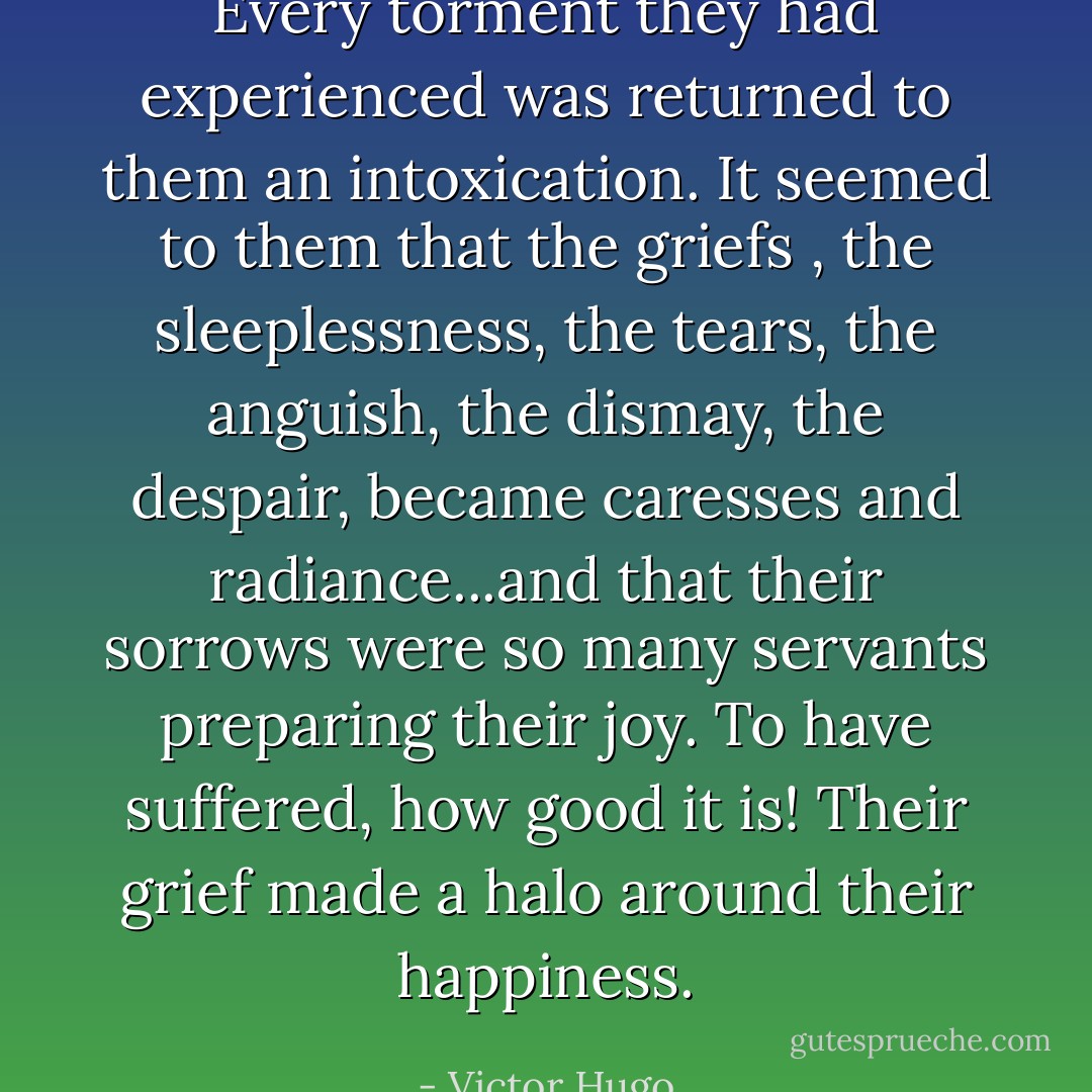 Every torment they had experienced was returned to them an intoxication. It seemed to them that the griefs , the sleeplessness, the tears, the anguish, the dismay, the despair, became caresses and radiance...and that their sorrows were so many servants preparing their joy. To have suffered, how good it is! Their grief made a halo around their happiness. - Victor Hugo