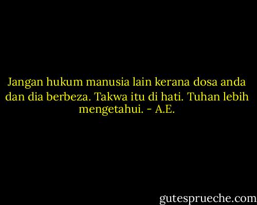 Jangan hukum manusia lain kerana dosa anda dan dia berbeza. Takwa itu di hati. Tuhan lebih mengetahui. - A.E.