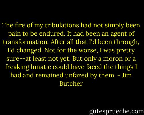 The fire of my tribulations had not simply been pain to be endured. It had been an agent of transformation. After all that I'd been through, I'd changed. Not for the worse, I was pretty sure--at least not yet. But only a moron or a freaking lunatic could have faced the things I had and remained unfazed by them. - Jim Butcher