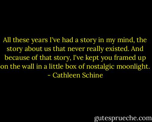 All these years I've had a story in my mind, the story about us that never really existed. And because of that story, I've kept you framed up on the wall in a little box of nostalgic moonlight. - Cathleen Schine