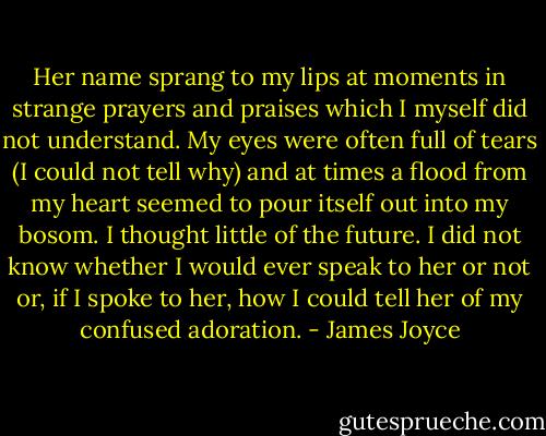 Her name sprang to my lips at moments in strange prayers and praises which I myself did not understand. My eyes were often full of tears (I could not tell why) and at times a flood from my heart seemed to pour itself out into my bosom. I thought little of the future. I did not know whether I would ever speak to her or not or, if I spoke to her, how I could tell her of my confused adoration. - James Joyce