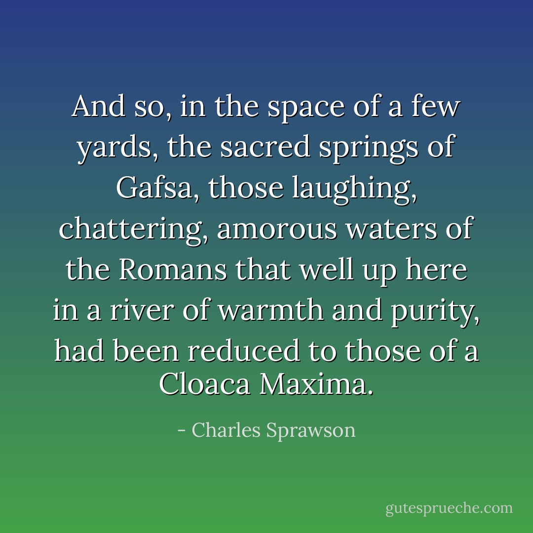 And so, in the space of a few yards, the sacred springs of Gafsa, those laughing, chattering, amorous waters of the Romans that well up here in a river of warmth and purity, had been reduced to those of a Cloaca Maxima. - Charles Sprawson