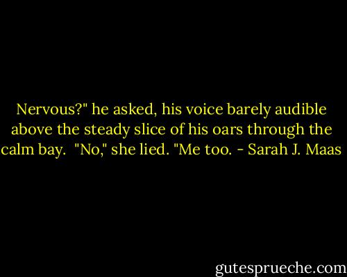 Nervous?" he asked, his voice barely audible above the steady slice of his oars through the calm bay. <br />"No," she lied.<br />"Me too. - Sarah J. Maas
