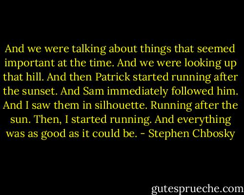 And we were talking about things that seemed important at the time. And we were looking up that hill. And then Patrick started running after the sunset. And Sam immediately followed him. And I saw them in silhouette. Running after the sun. Then, I started running. And everything was as good as it could be. - Stephen Chbosky