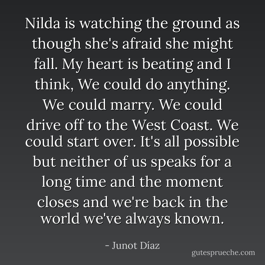 Nilda is watching the ground as though she's afraid she might fall. My heart is beating and I think, We could do anything. We could marry. We could drive off to the West Coast. We could start over. It's all possible but neither of us speaks for a long time and the moment closes and we're back in the world we've always known. - Junot Díaz
