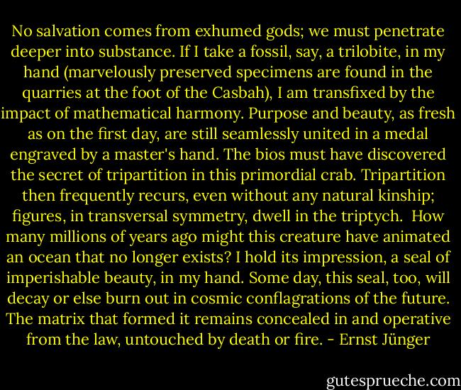 No salvation comes from exhumed gods; we must penetrate deeper into substance. If I take a fossil, say, a trilobite, in my hand (marvelously preserved specimens are found in the quarries at the foot of the Casbah), I am transfixed by the impact of mathematical harmony. Purpose and beauty, as fresh as on the first day, are still seamlessly united in a medal engraved by a master's hand. The bios must have discovered the secret of tripartition in this primordial crab. Tripartition then frequently recurs, even without any natural kinship; figures, in transversal symmetry, dwell in the triptych.<br /><br />How many millions of years ago might this creature have animated an ocean that no longer exists? I hold its impression, a seal of imperishable beauty, in my hand. Some day, this seal, too, will decay or else burn out in cosmic conflagrations of the future. The matrix that formed it remains concealed in and operative from the law, untouched by death or fire. - Ernst Jünger