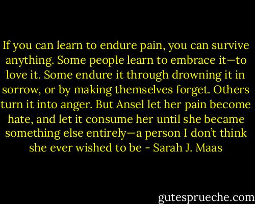 If you can learn to endure pain, you can survive anything. Some people learn to embrace it—to love it. Some endure it through drowning it in sorrow, or by making themselves forget. Others turn it into anger. But Ansel let her pain become hate, and let it consume her until she became something else entirely—a person I don’t think she ever wished to be - Sarah J. Maas