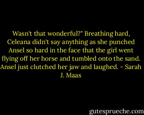 Wasn't that wonderful?"<br />Breathing hard, Celeana didn't say anything as she punched Ansel so hard in the face that the girl went flying off her horse and tumbled onto the sand. Ansel just clutched her jaw and laughed. - Sarah J. Maas