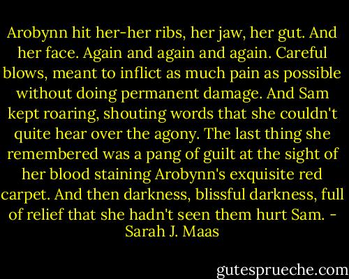 Arobynn hit her-her ribs, her jaw, her gut. And her face. Again and again and again. Careful blows, meant to inflict as much pain as possible without doing permanent damage. And Sam kept roaring, shouting words that she couldn't quite hear over the agony. The last thing she remembered was a pang of guilt at the sight of her blood staining Arobynn's exquisite red carpet. And then darkness, blissful darkness, full of relief that she hadn't seen them hurt Sam. - Sarah J. Maas