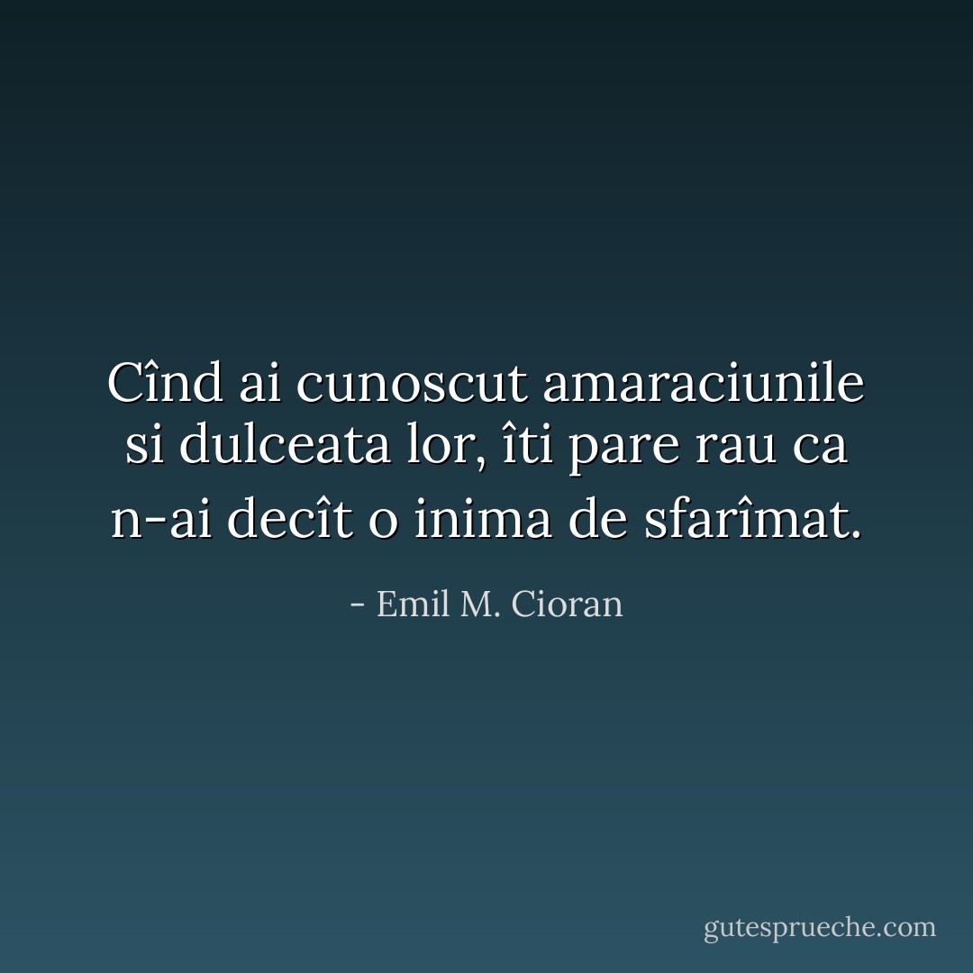 Cînd ai cunoscut amaraciunile si dulceata lor, îti pare rau ca n-ai decît o inima de sfarîmat. - Emil M. Cioran