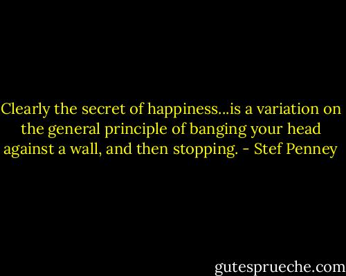 Clearly the secret of happiness...is a variation on the general principle of banging your head against a wall, and then stopping. - Stef Penney