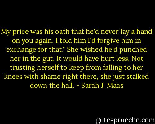 My price was his oath that he'd never lay a hand on you again. I told him I'd forgive him in exchange for that."<br />She wished he'd punched her in the gut. It would have hurt less. Not trusting herself to keep from falling to her knees with shame right there, she just stalked down the hall. - Sarah J. Maas