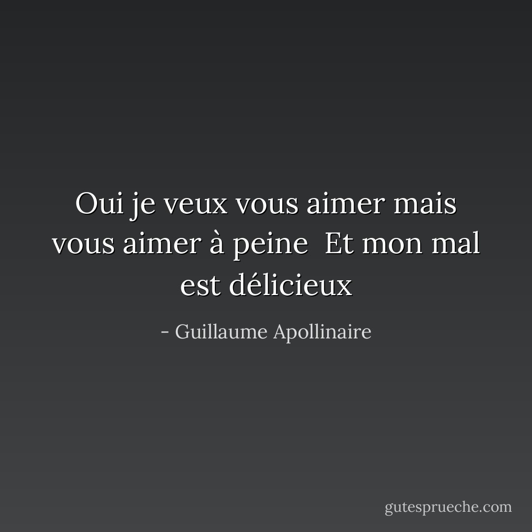 Oui je veux vous aimer mais vous aimer à peine <br />Et mon mal est délicieux - Guillaume Apollinaire
