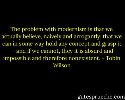 The problem with modernism is that we actually believe, naively and arrogantly, that we can in some way hold any concept and grasp it — and if we cannot, they it is absurd and impossible and therefore nonexistent. - Tobin Wilson