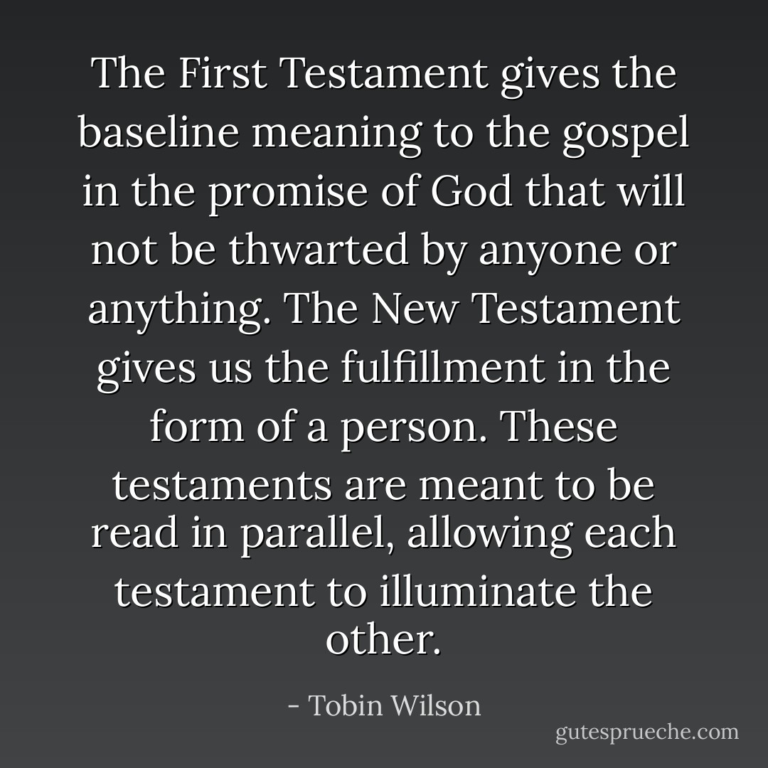 The First Testament gives the baseline meaning to the gospel in the promise of God that will not be thwarted by anyone or anything. The New Testament gives us the fulfillment in the form of a person. These testaments are meant to be read in parallel, allowing each testament to illuminate the other. - Tobin Wilson