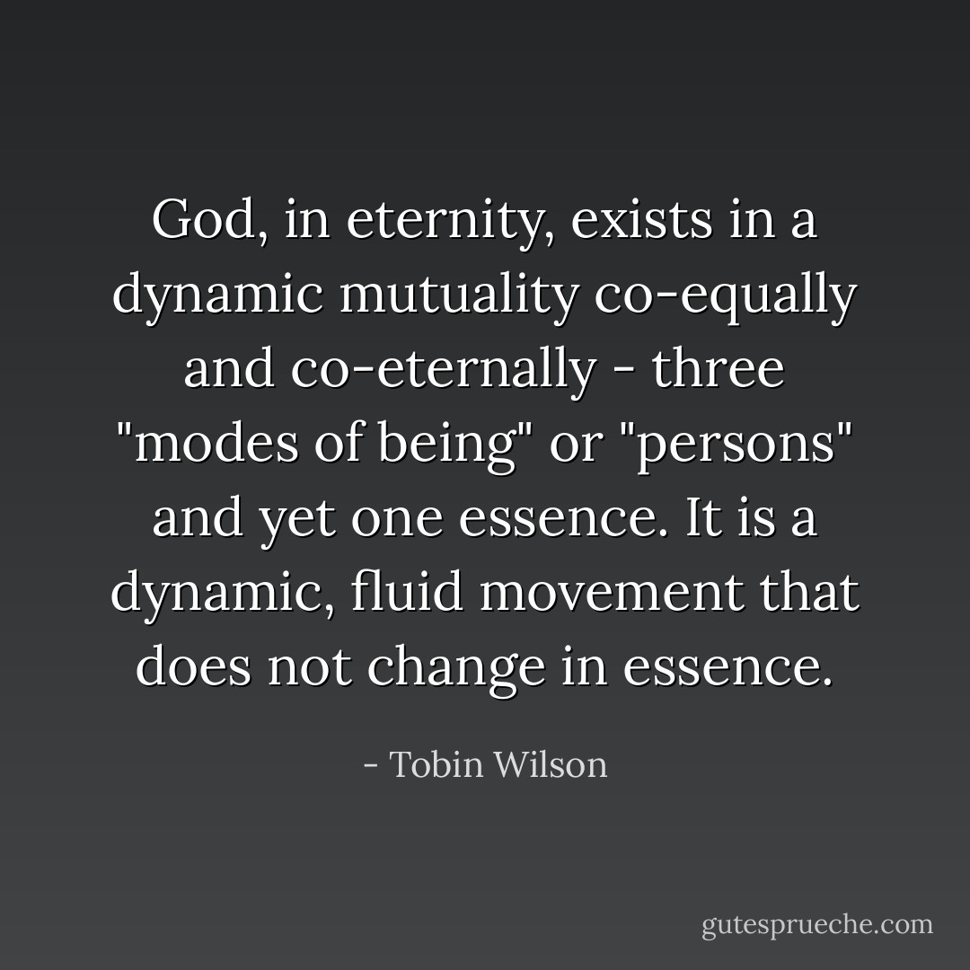 God, in eternity, exists in a dynamic mutuality co-equally and co-eternally - three "modes of being" or "persons" and yet one essence. It is a dynamic, fluid movement that does not change in essence. - Tobin Wilson
