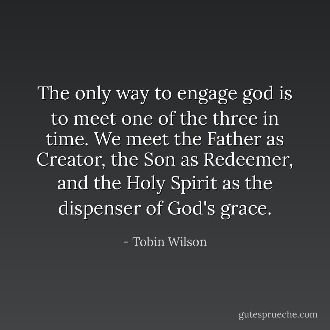 The only way to engage god is to meet one of the three in time. We meet the Father as Creator, the Son as Redeemer, and the Holy Spirit as the dispenser of God's grace. - Tobin Wilson