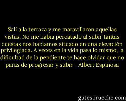 Salí a la terraza y me maravillaron aquellas vistas. No me había percatado al subir tantas cuestas nos habíamos situado en una elevación privilegiada. A veces en la vida pasa lo mismo, la dificultad de la pendiente te hace olvidar que no paras de progresar y subir - Albert Espinosa