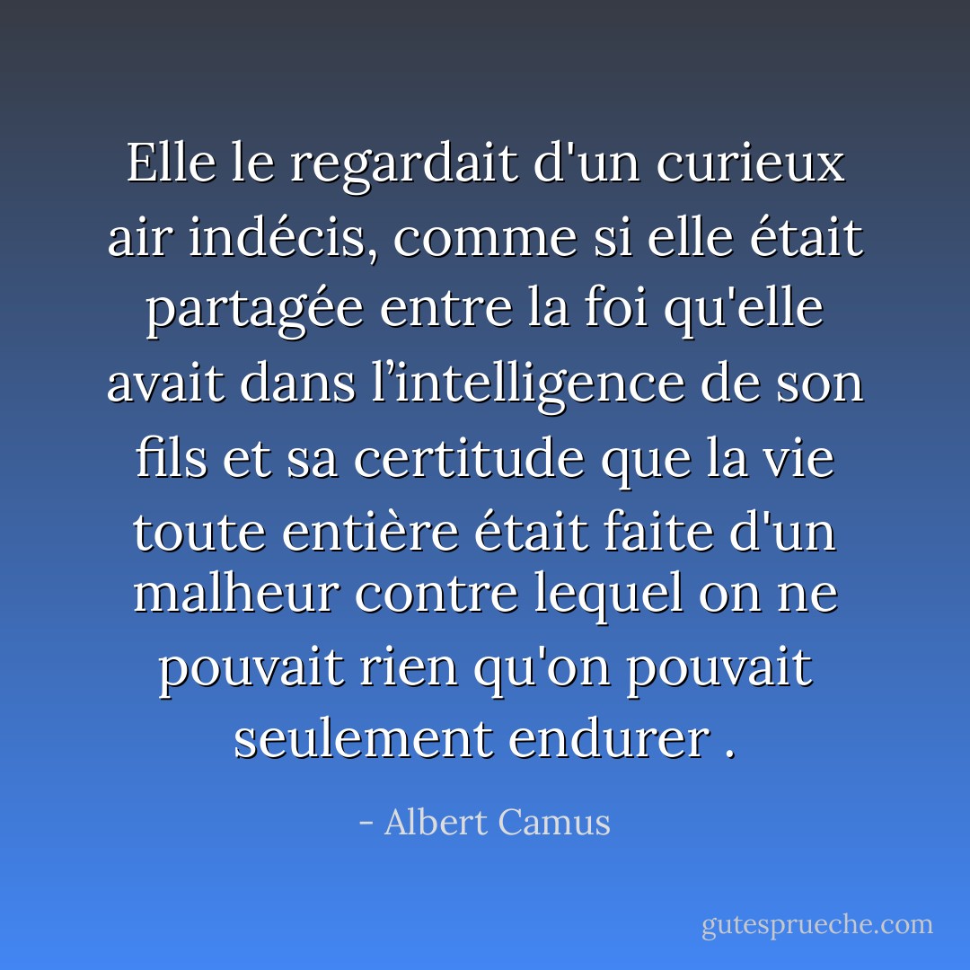 Elle le regardait d'un curieux air indécis, comme si elle était partagée entre la foi qu'elle avait dans l’intelligence de son fils et sa certitude que la vie toute entière était faite d'un malheur contre lequel on ne pouvait rien qu'on pouvait seulement endurer . - Albert Camus