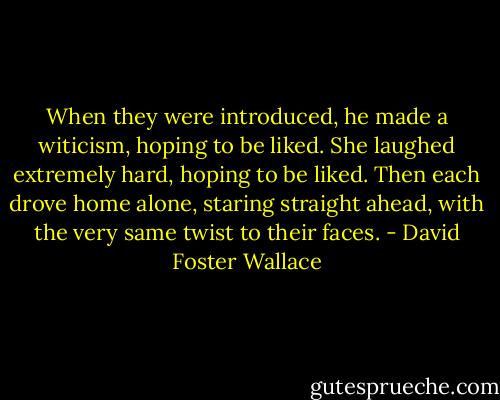 When they were introduced, he made a witicism, hoping to be liked. She laughed extremely hard, hoping to be liked. Then each drove home alone, staring straight ahead, with the very same twist to their faces. - David Foster Wallace
