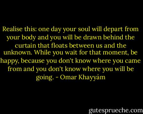 Realise this: one day your soul<br />will depart from your body and you will<br />be drawn behind the curtain that floats between us<br />and the unknown. While you wait for that moment, be happy,<br />because you don't know where you came from and<br />you don't know where you will be going. - Omar Khayyám