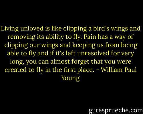 Living unloved is like clipping a bird's wings and removing its ability to fly. Pain has a way of clipping our wings and keeping us from being able to fly and if it's left unresolved for very long, you can almost forget that you were created to fly in the first place. - William Paul Young
