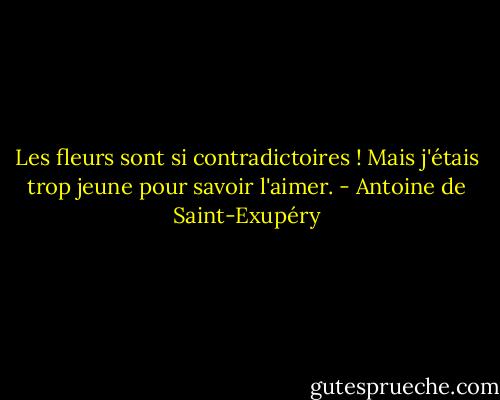 Les fleurs sont si contradictoires ! Mais j'étais trop jeune pour savoir l'aimer. - Antoine de Saint-Exupéry