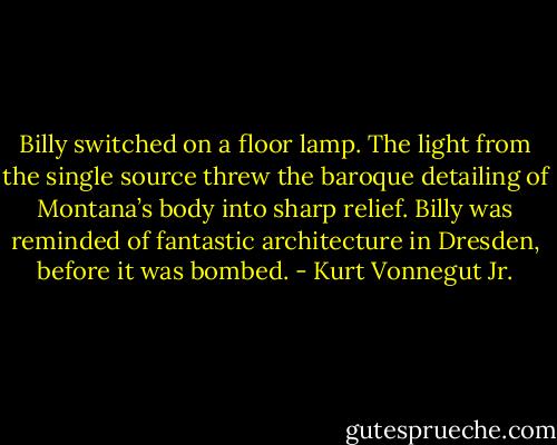 Billy switched on a floor lamp. The light from the single source threw the baroque detailing of Montana’s body into sharp relief. Billy was reminded of fantastic architecture in Dresden, before it was bombed. - Kurt Vonnegut Jr.