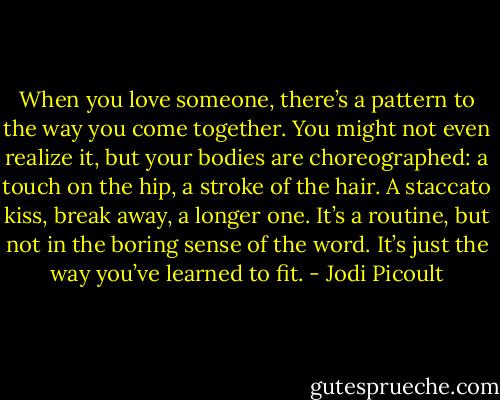 When you love someone, there’s a pattern to the way you come together. You might not even realize it, but your bodies are choreographed: a touch on the hip, a stroke of the hair. A staccato kiss, break away, a longer one. It’s a routine, but not in the boring sense of the word. It’s just the way you’ve learned to fit. - Jodi Picoult