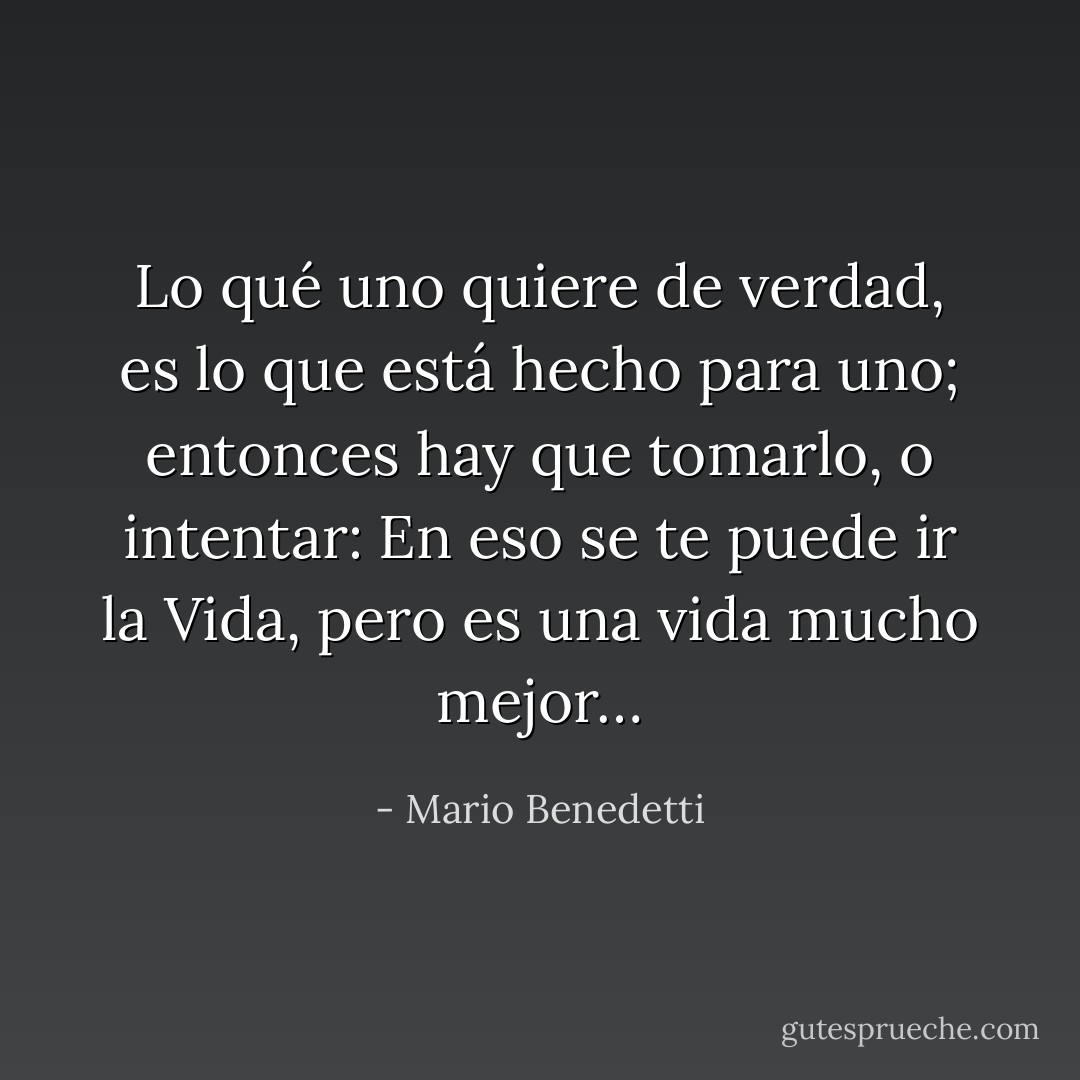 Lo qué uno quiere de verdad, es lo que está hecho para uno; entonces hay que tomarlo, o intentar: En eso se te puede ir la Vida, pero es una vida mucho mejor… - Mario Benedetti
